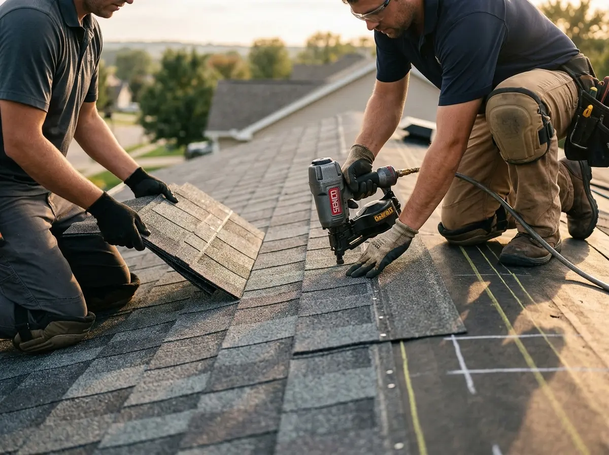 Professional roofer working on a residential roof in Thomaston